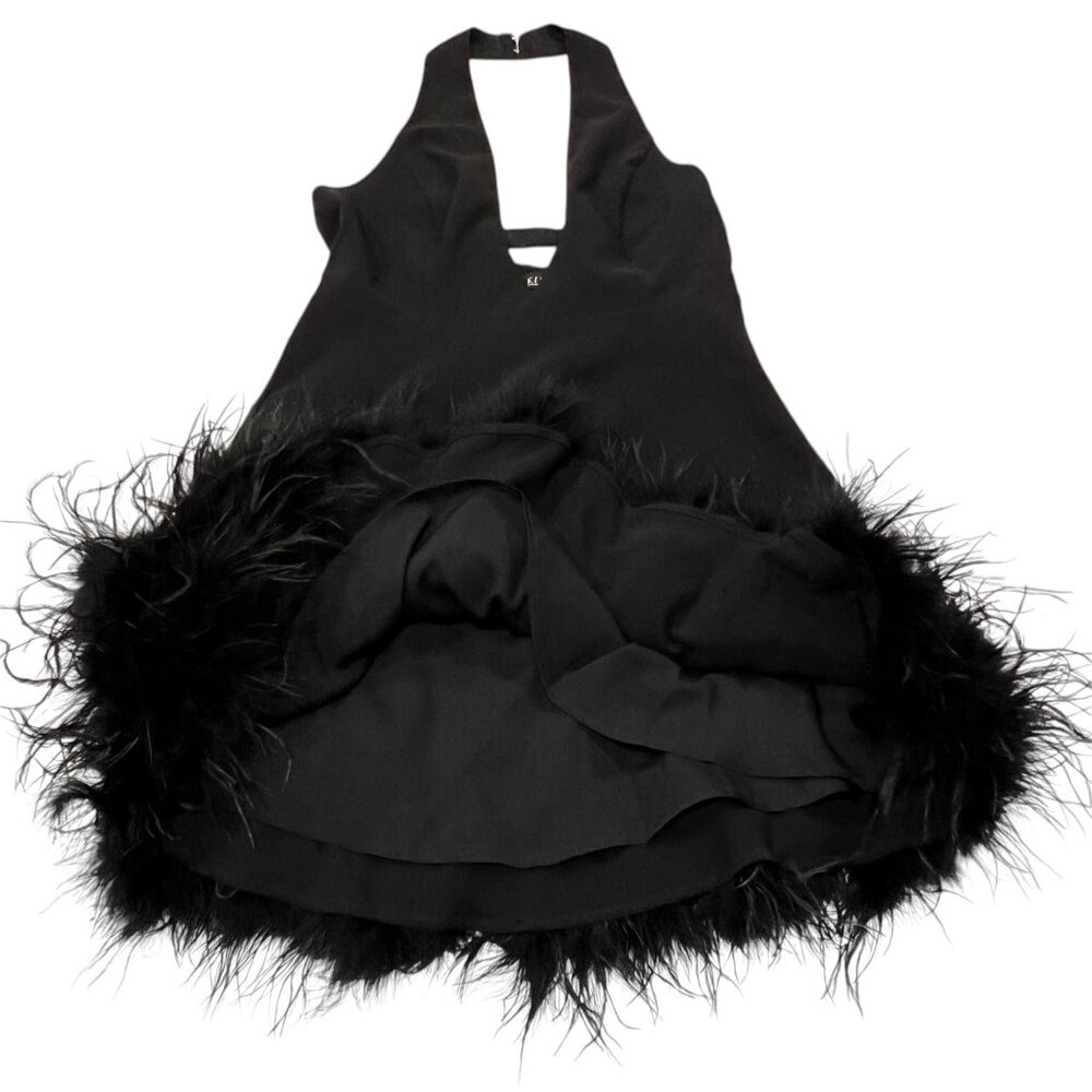 Akira Noel Halter Deep V Feather Trim Mini Dress, Black, XL - Picture 4 of 13